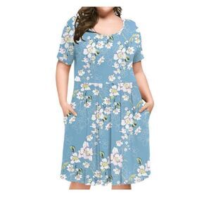Tralilbee Blue Floral Short Sleeve Pleated Dress Size 1XL NWT Boutique